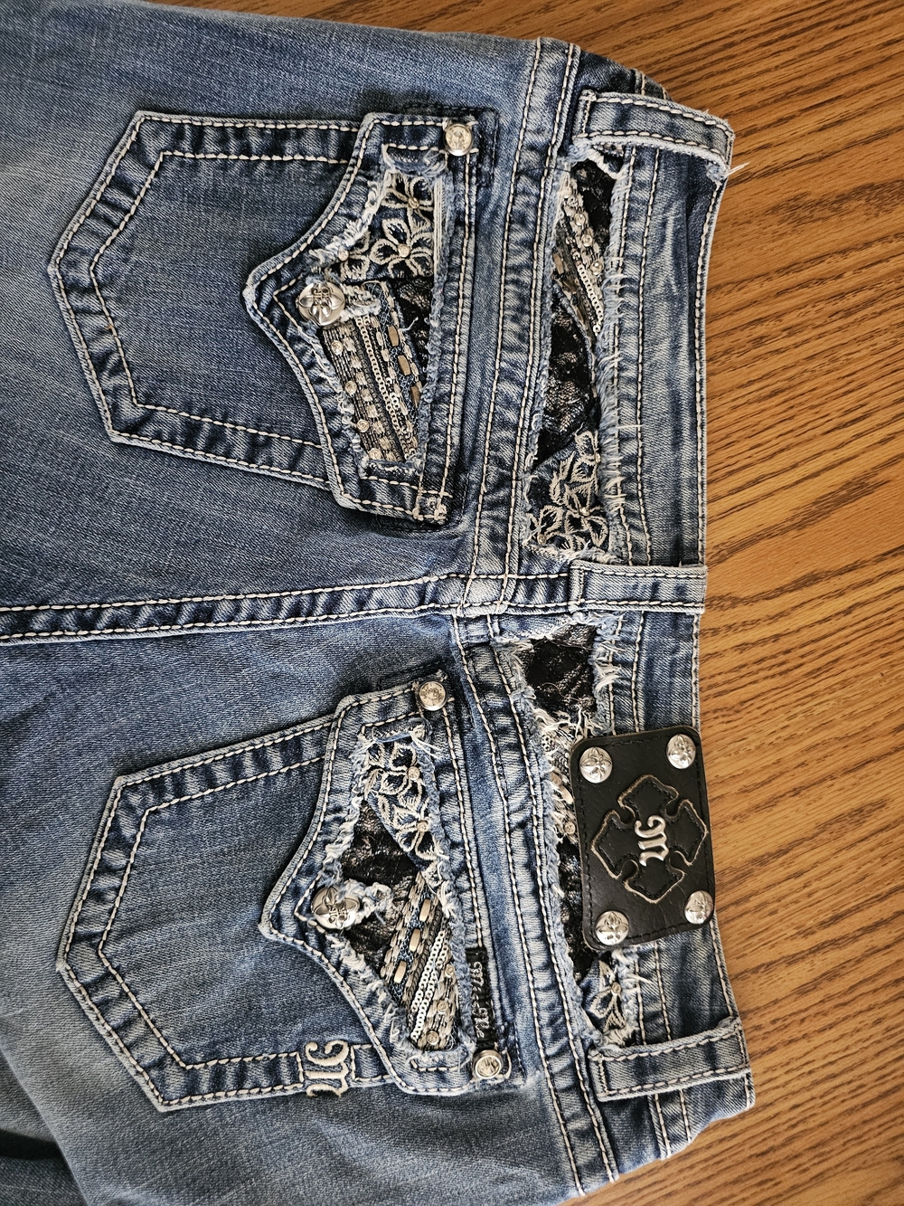 Miss Me Size 31 Signature Boot Embroidered Jeans with Lace Insets